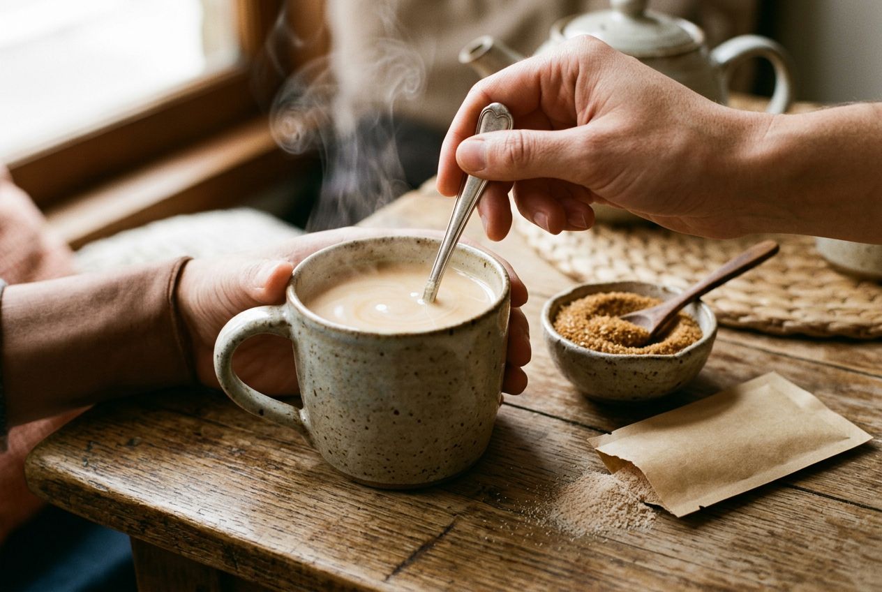 Hands stirring a mug of creamy tan instant Thai milk tea, steam rising, beside a bowl of coconut blossom sugar and a torn kraft paper sachet