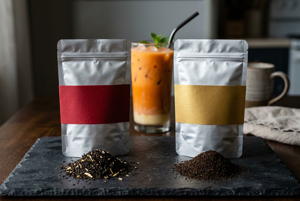 Two bags of Cha Tra Mue Thai tea mix side by side, the classic red Number One Brand and the Extra Gold version