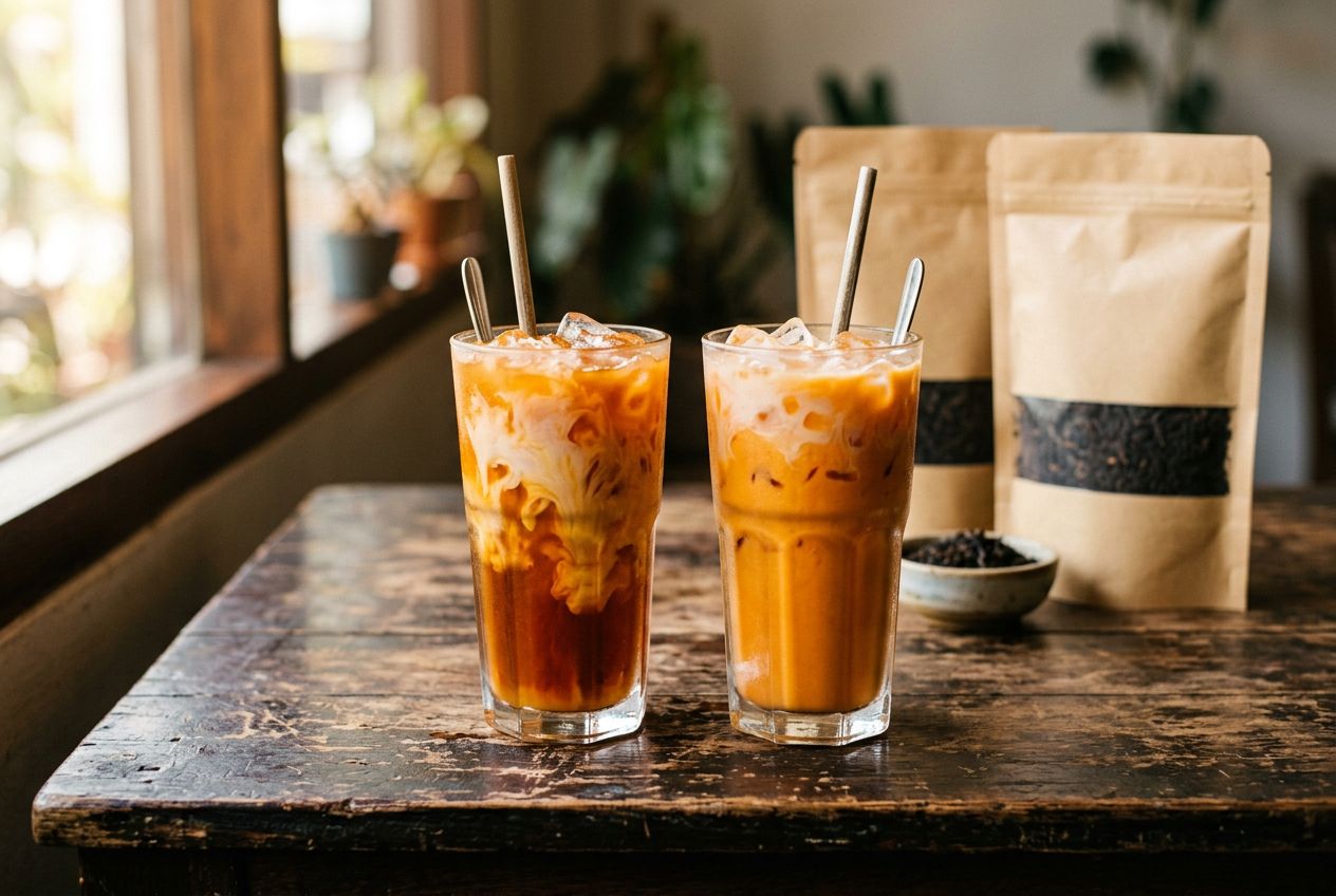 Two glasses of Thai iced tea side by side, one made with Cha Tra Mue and one with Pantai, both layered with condensed milk over ice