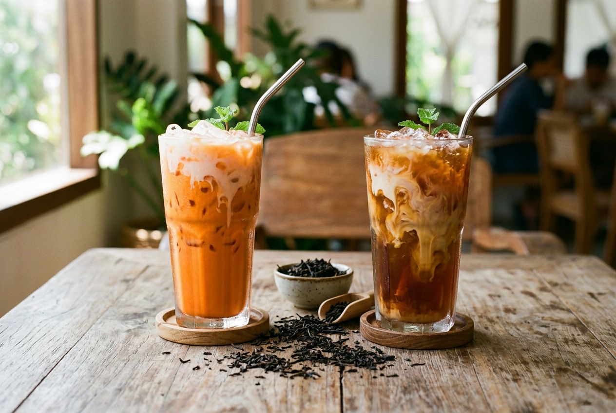 Two glasses of Thai iced tea side by side — bright orange dyed Thai tea made with Cha Tra Mue and natural amber-brown dye-free Thai tea made with Yim