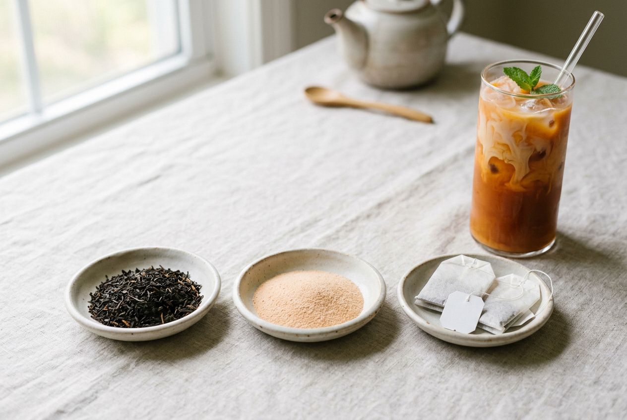 Thai tea loose leaf mix beside instant Thai tea powder and tea bags, with a finished glass of Thai iced tea