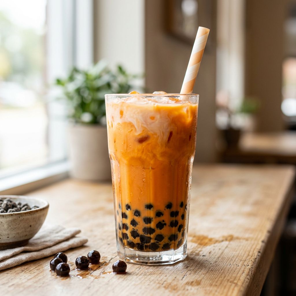 Tall glass of Thai iced tea with dark tapioca boba pearls at the bottom, vivid orange tea, a swirl of evaporated milk on top, and a wide paper straw