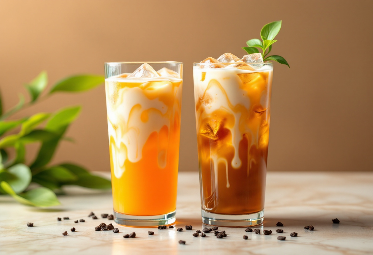 Two glasses of Thai iced tea side by side — vivid neon-orange dyed Thai tea on the left, natural amber-brown dye-free Thai tea on the right, both with a swirl of condensed milk