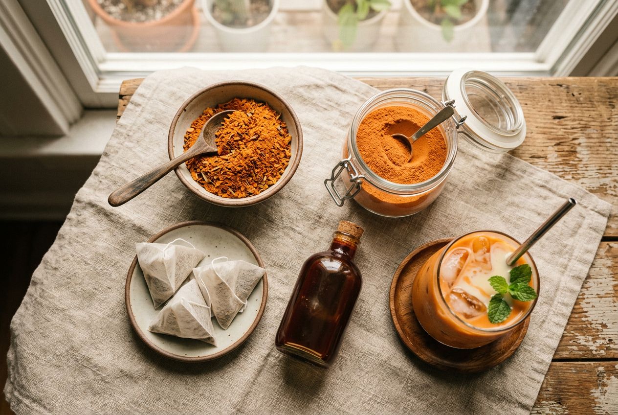 The different forms of Thai tea laid out — loose orange Thai tea mix, tea bags, a jar of instant powder, a bottle of concentrate, and a finished glass of Thai iced tea