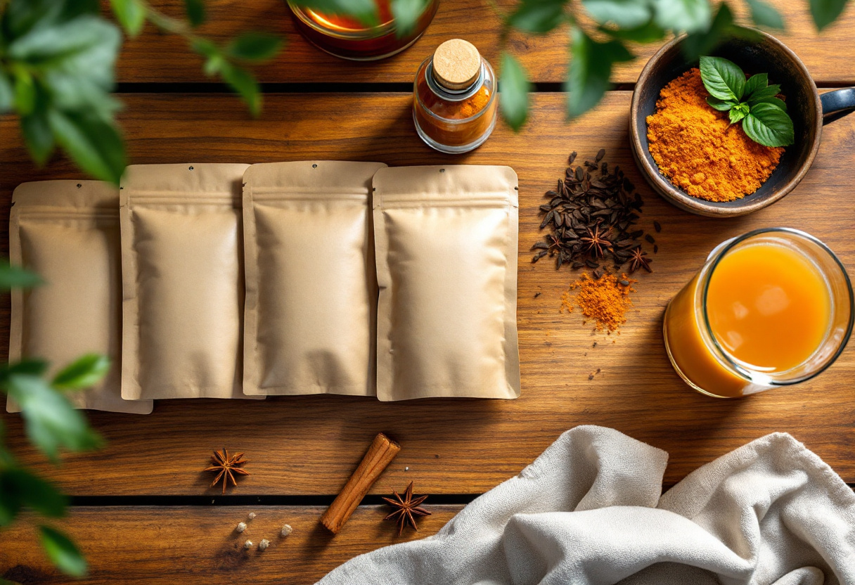 Thai tea mixes lined up — foil tea pouches, a jar of orange Thai tea powder, loose Assam tea leaves, star anise and cinnamon, and a finished glass of Thai iced tea with condensed milk
