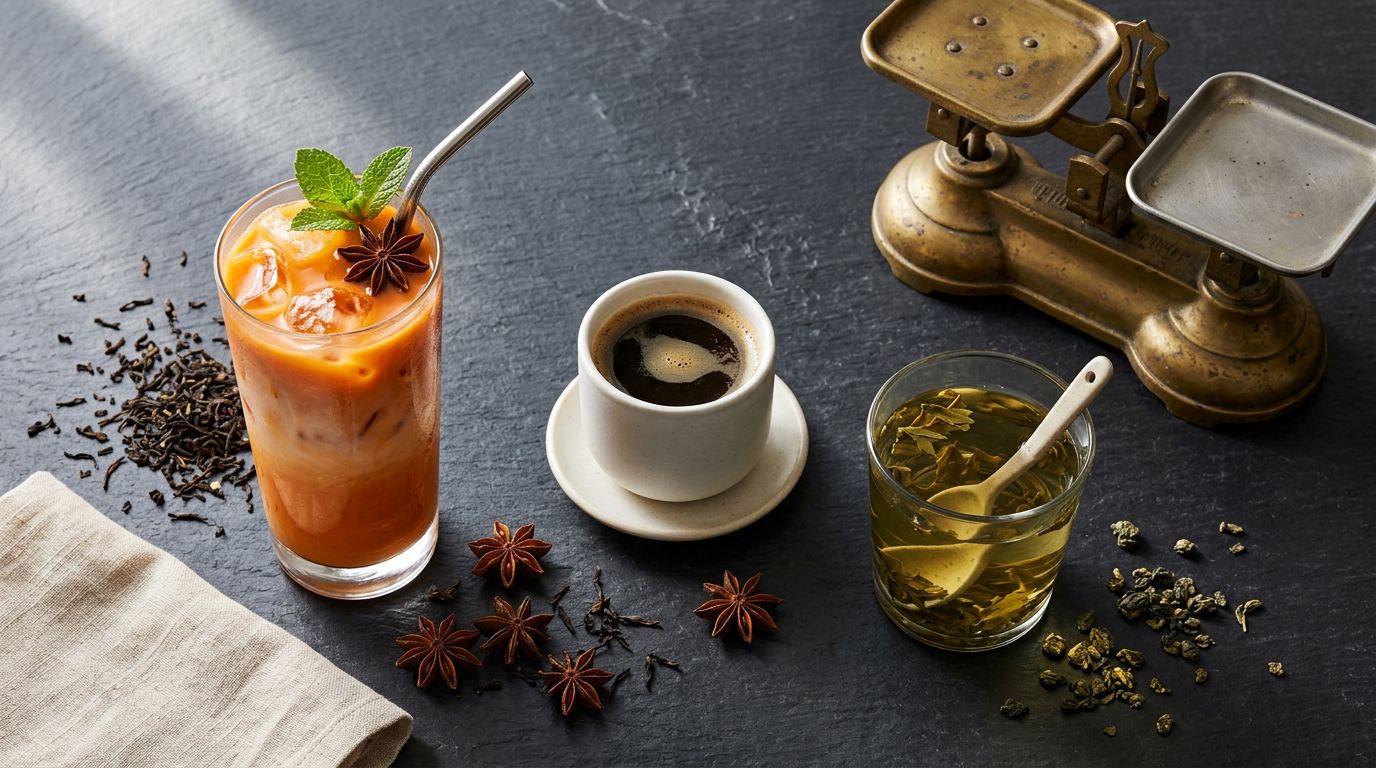 Overhead flat-lay of a glass of orange Thai iced tea beside a cup of black coffee and green tea with a vintage brass scale — comparing caffeine per drink