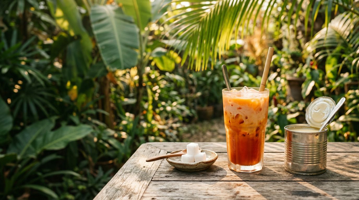 A glass of Thai iced tea on a weathered teak table in tropical greenery, beside a dish of sugar cubes and an open tin of condensed milk