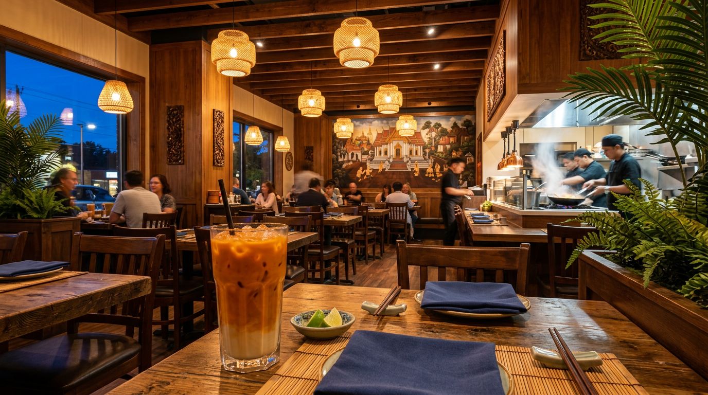 Warm present-day Thai restaurant interior at evening service with a glass of authentic Thai iced tea on a wooden table — where to buy and drink cha yen