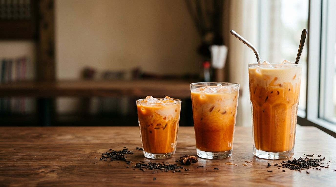Three glasses of Thai iced tea in ascending sizes on a wood table with loose Thai tea leaves and star anise — small, medium and tall restaurant glass
