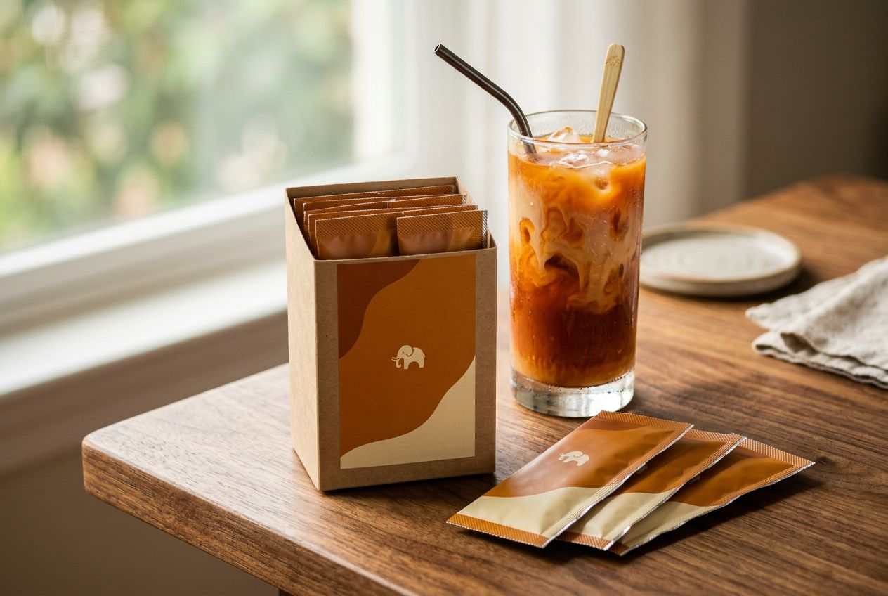 Concept rendering of Aroi Thai tea packaging: a kraft carton of individually wrapped tea sachets on a wooden table beside a tall glass of amber-brown Thai iced tea with condensed milk swirling through it